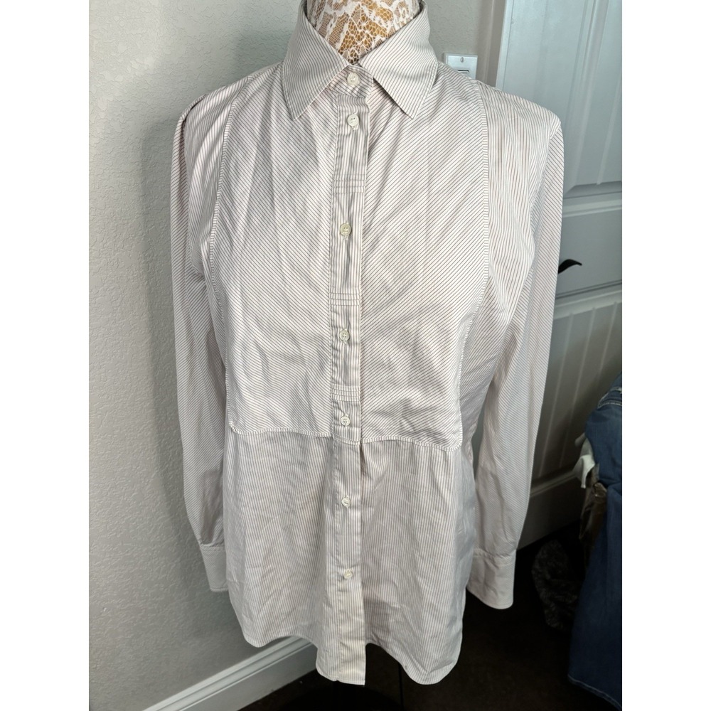 Lori Piana Women's Tuxedo Bib Front White Pinstripe Blouse Size 48 US 12 Luxury